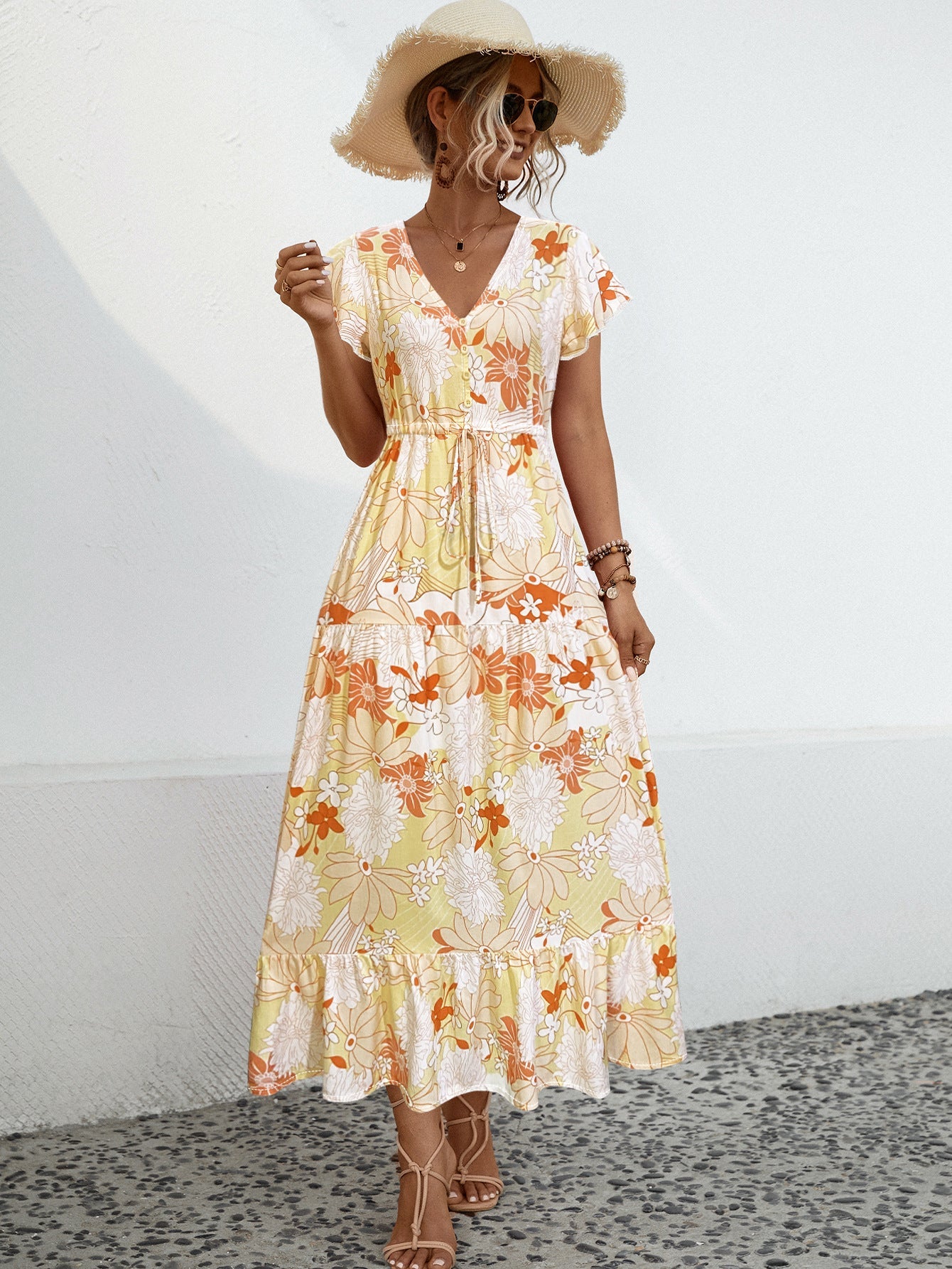 Damen Maxikleid mit vorderem Schlitz und floralem Design WW