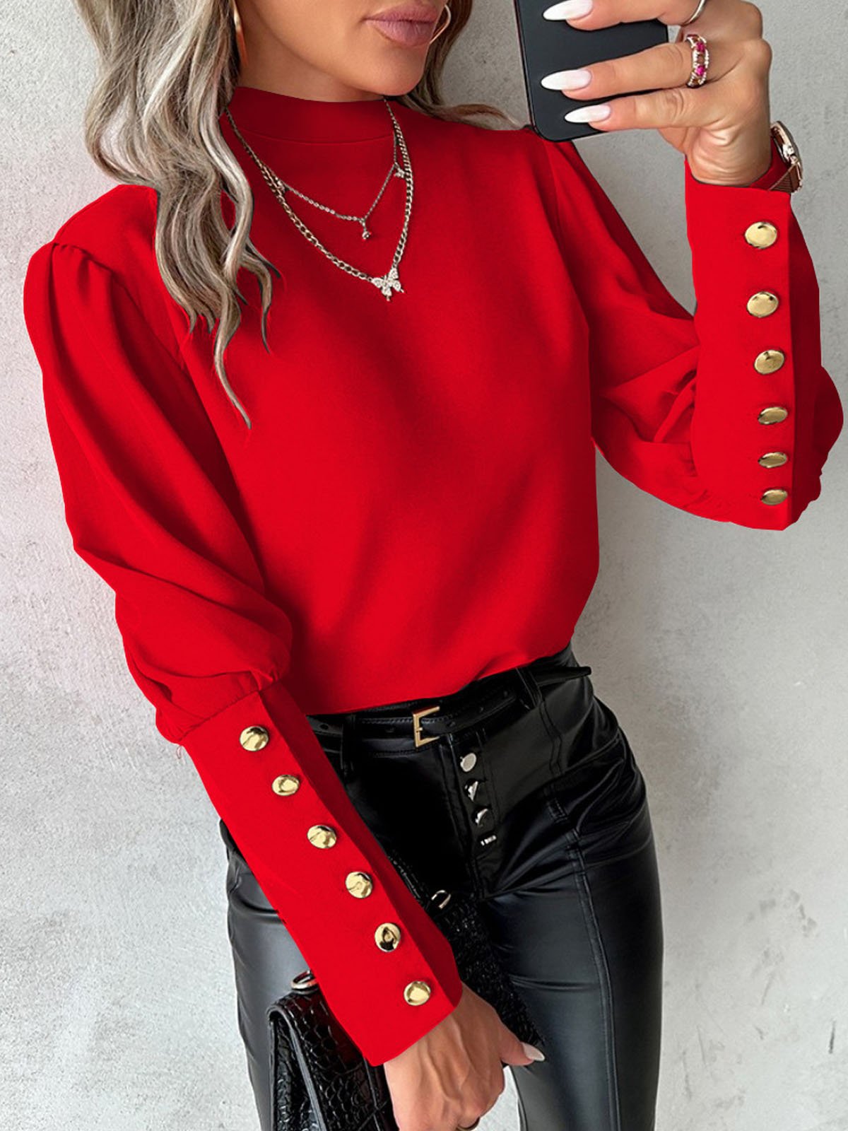 Damen Elegante Bluse mit Puffärmeln und Knopfdetails WW