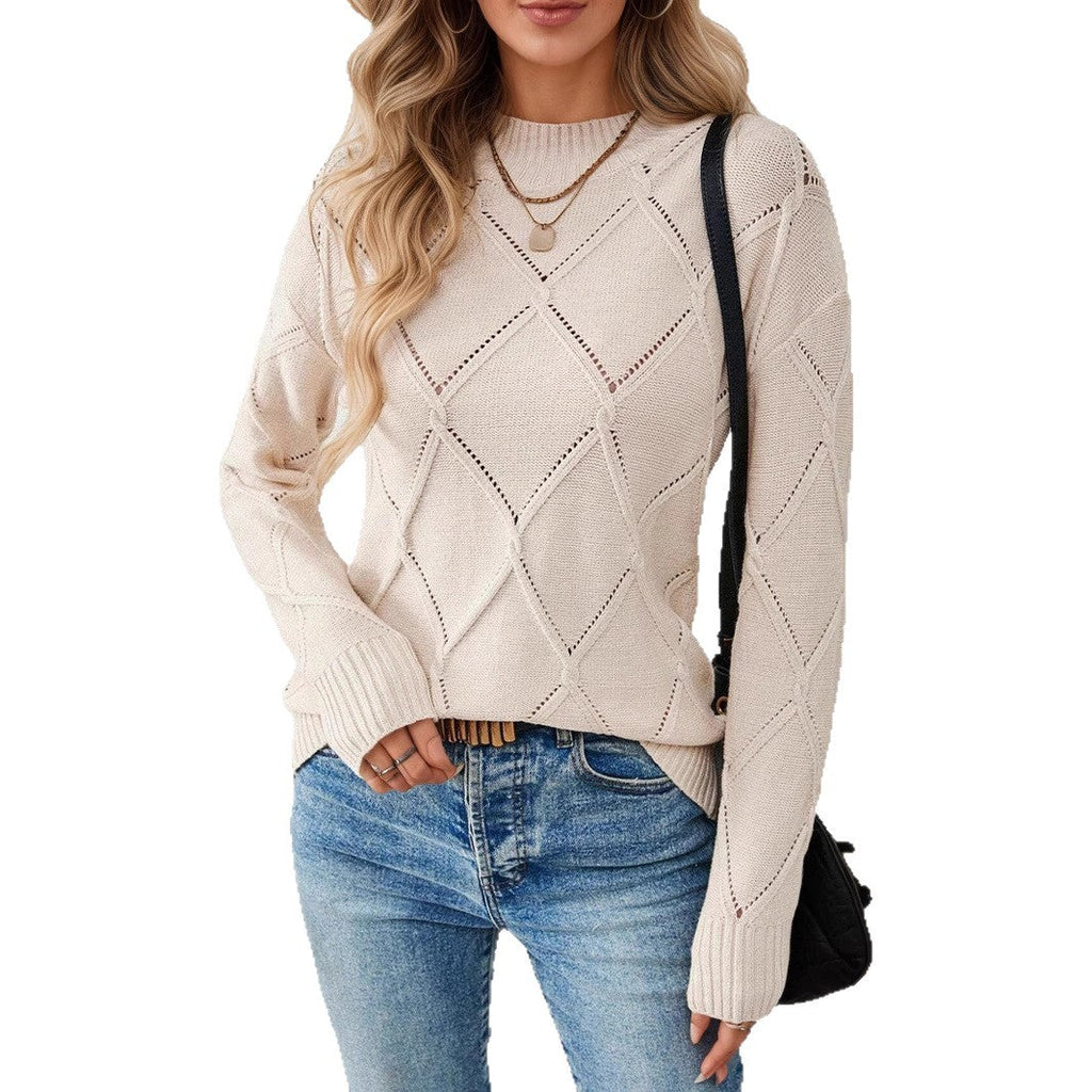 Damen Strickpullover mit strukturiertem Rautenmuster und hochgeschlossenem Kragen WW