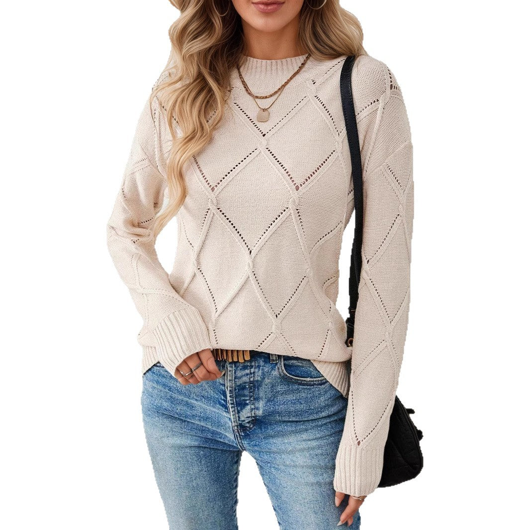 Damen Strickpullover mit strukturiertem Rautenmuster und hochgeschlossenem Kragen WW