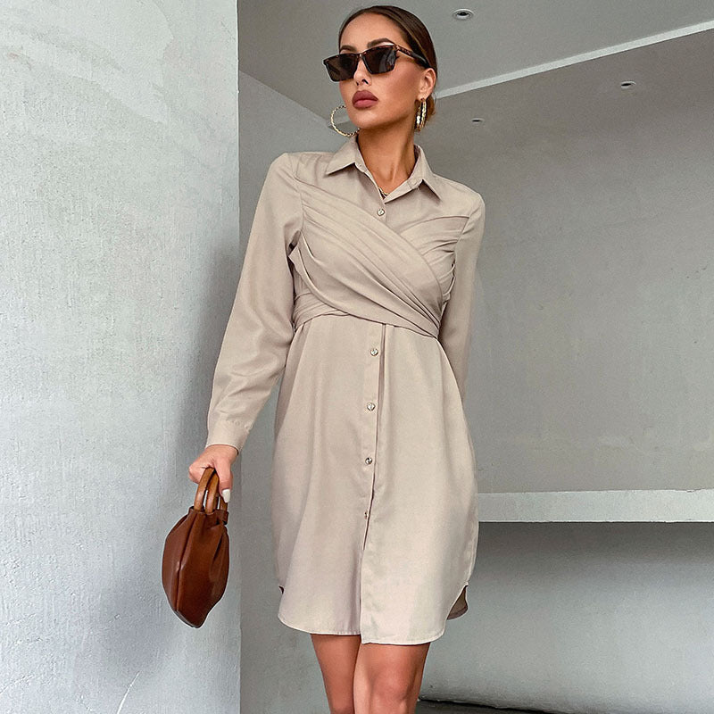 Damen Hemdblusenkleid mit eleganter Wickeloptik und modischen Knöpfen WW