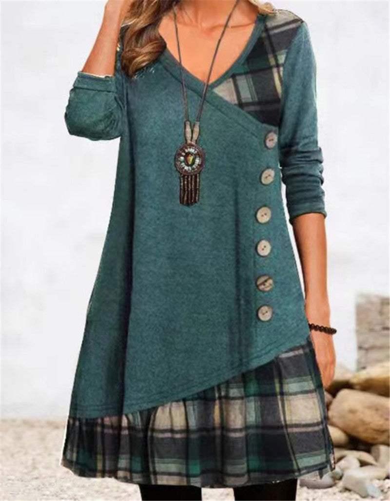 Damen modisches Wickelkleid mit Karomuster und Knopfdetails WW
