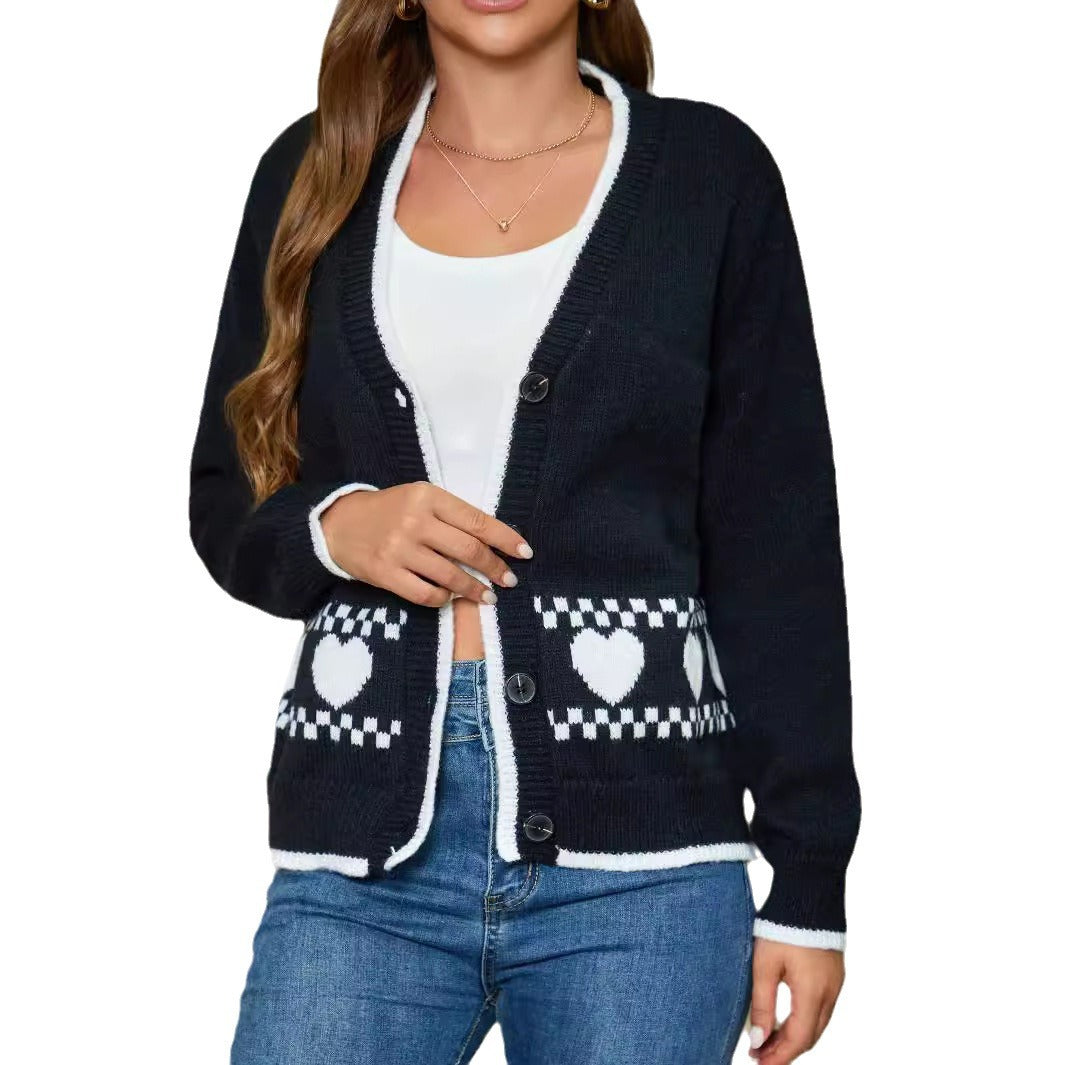 Damen Cardigan mit Herzmuster und kontrastierenden Details WW