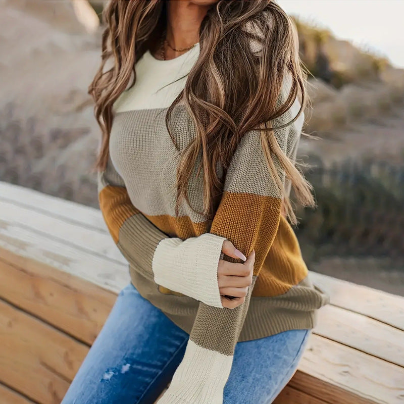 Damen modischer Strickpullover mit modernem Streifen-Design und langen Ärmeln WW