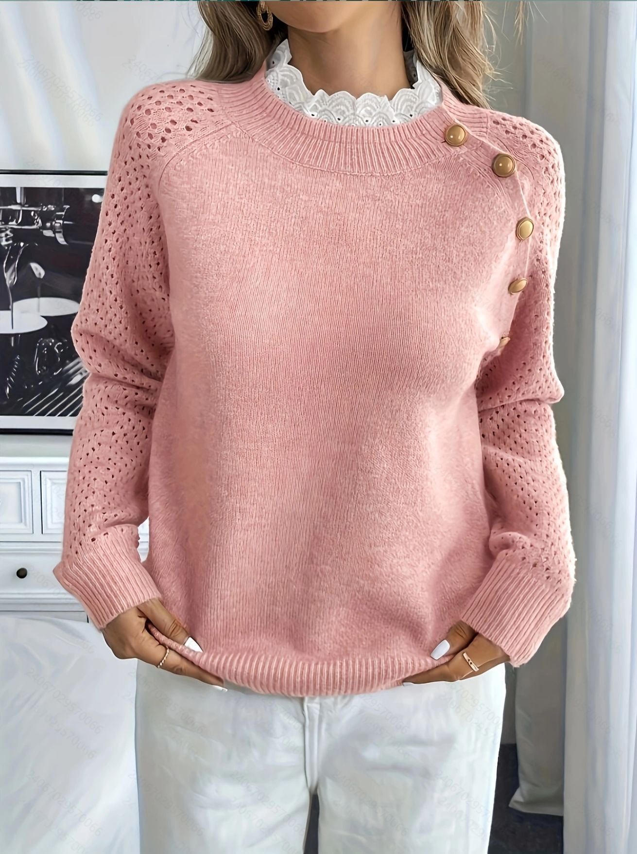 Damen Strickpullover mit dekorativen Knopfdetails und Lochmuster WW