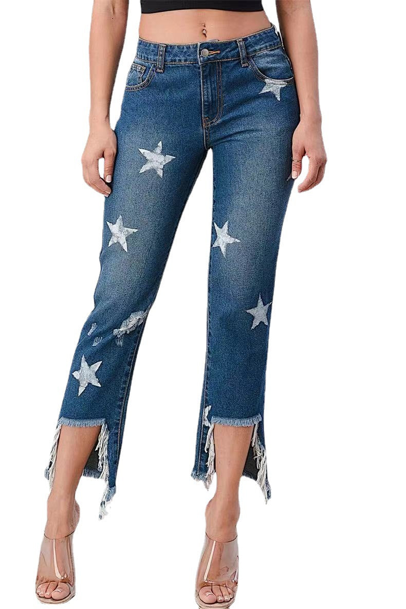 Damen modische Jeans mit Sternen-Design und fransigem Saum WW