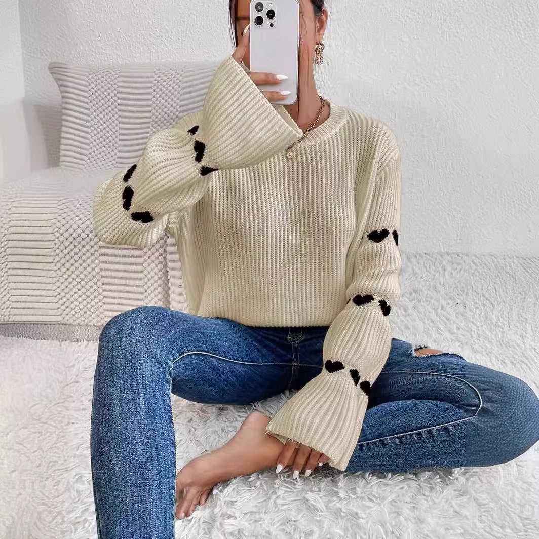 Damen kuscheliger Strickpullover mit modellierenden Ärmeln und Herzmotiv WW