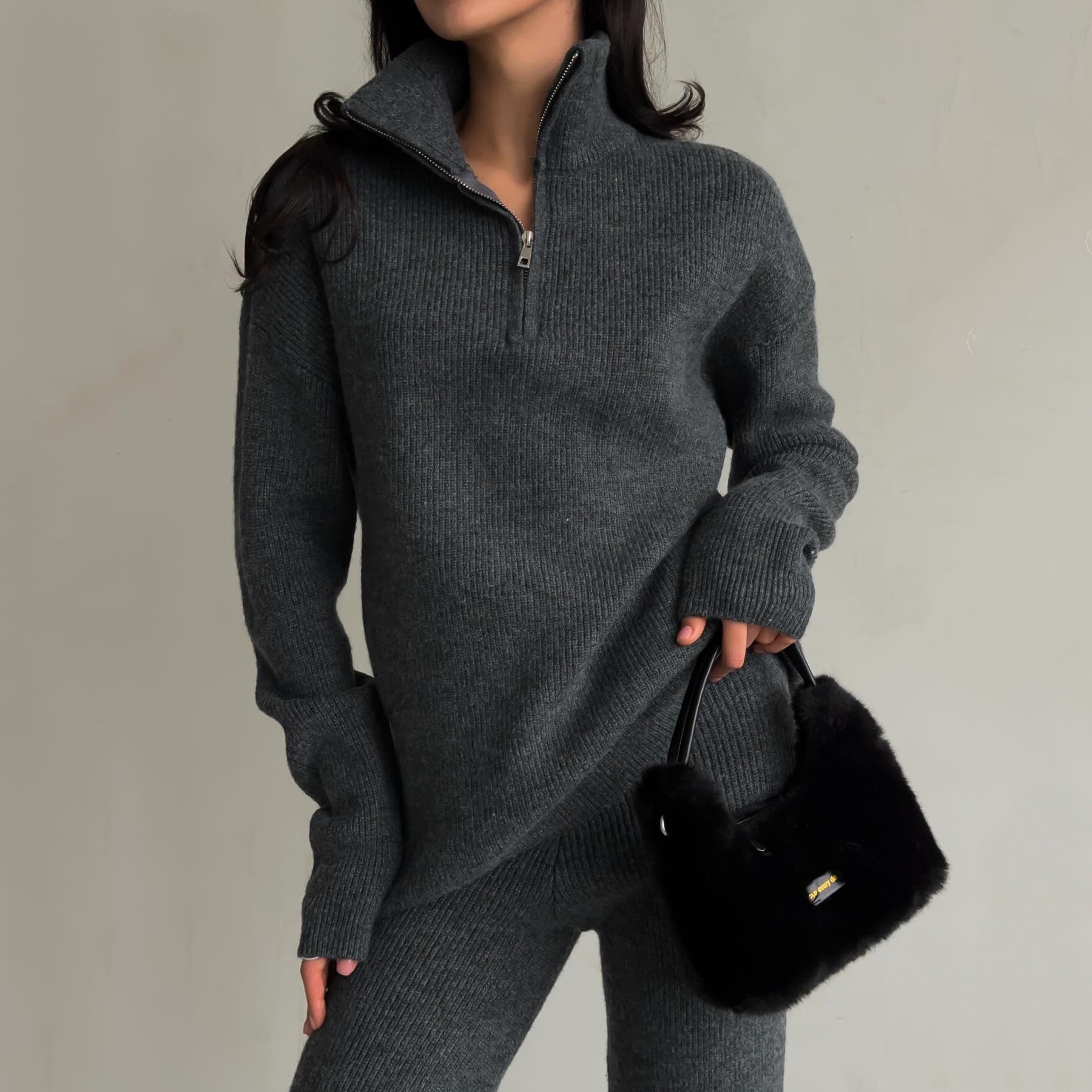 Damen trendiger Oversized Strickpullover mit Zipper und langen Ärmeln WW