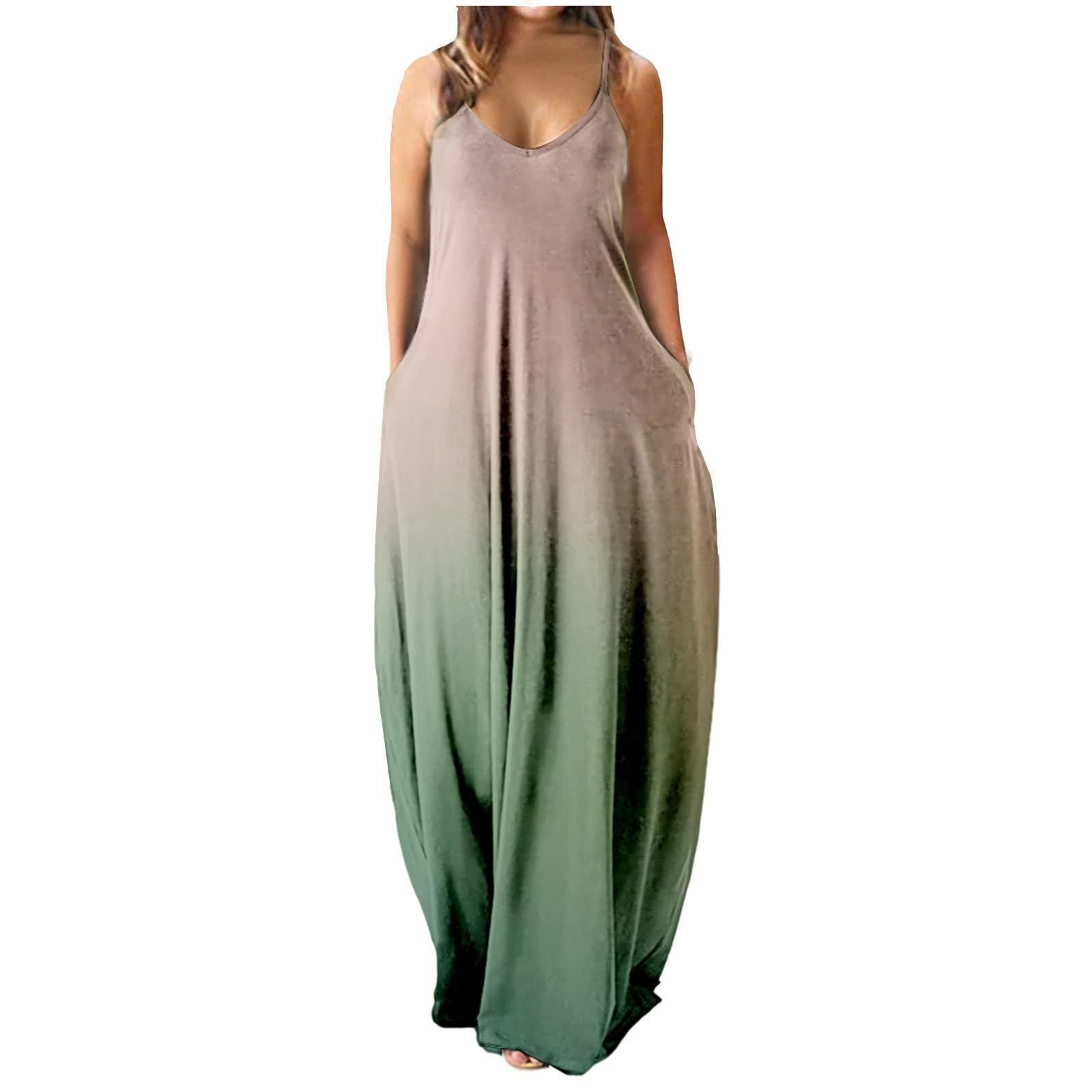 Damen elegantes Maxi-Kleid mit tiefem V-Ausschnitt und praktischen Taschen WW