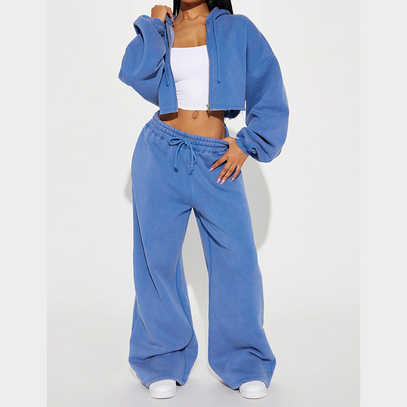 Damen lässiges Fleece-Set mit kurzem Hoodie und weiten Hosen WW