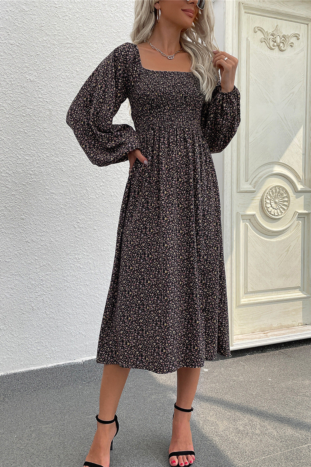 Damen Midi-Kleid mit weitem Ärmel und charmantem Blumenmuster WW