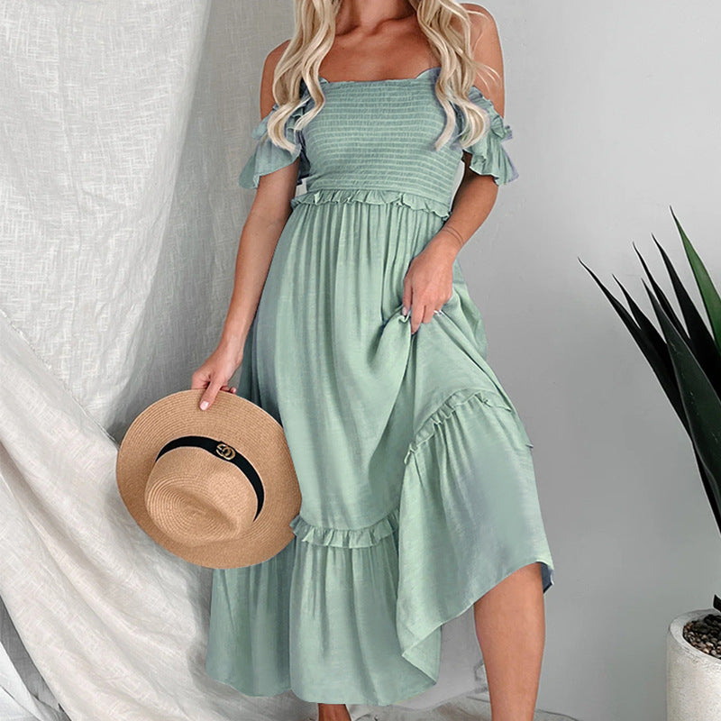 Damen Maxikleid mit schulterfreiem Design und voluminösen Rüschendetails WW