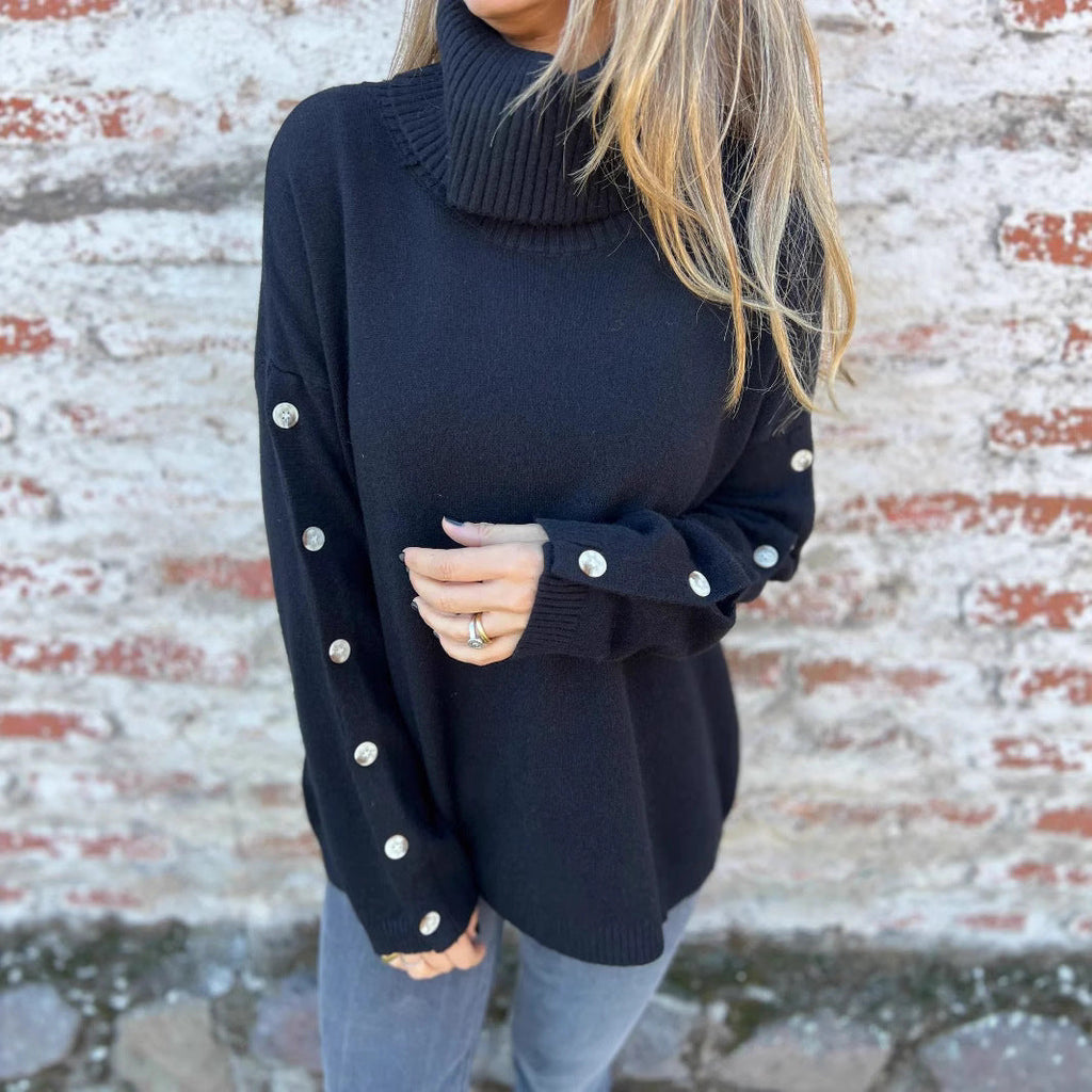 Damen weicher Rollkragenpullover mit modischen Knopfdetails WW