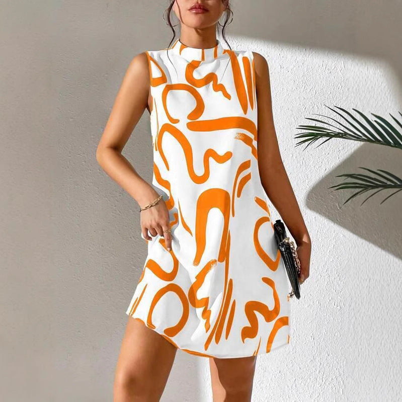 Damen A-linien Minikleid mit modernem grafischem Muster und Stehkragen WW