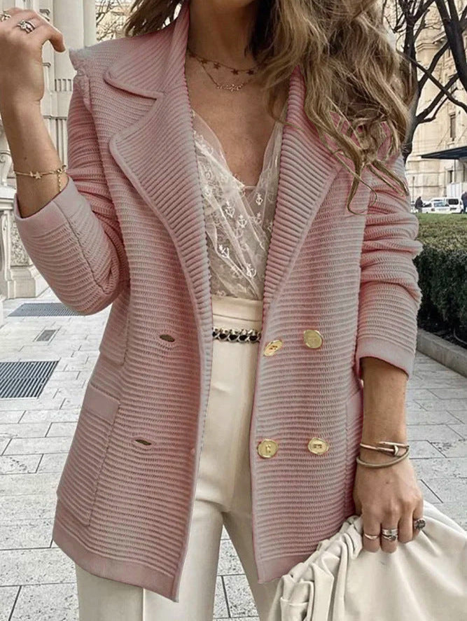 Damen eleganter Strickblazer mit doppelter Knopfleiste und Taschen WW
