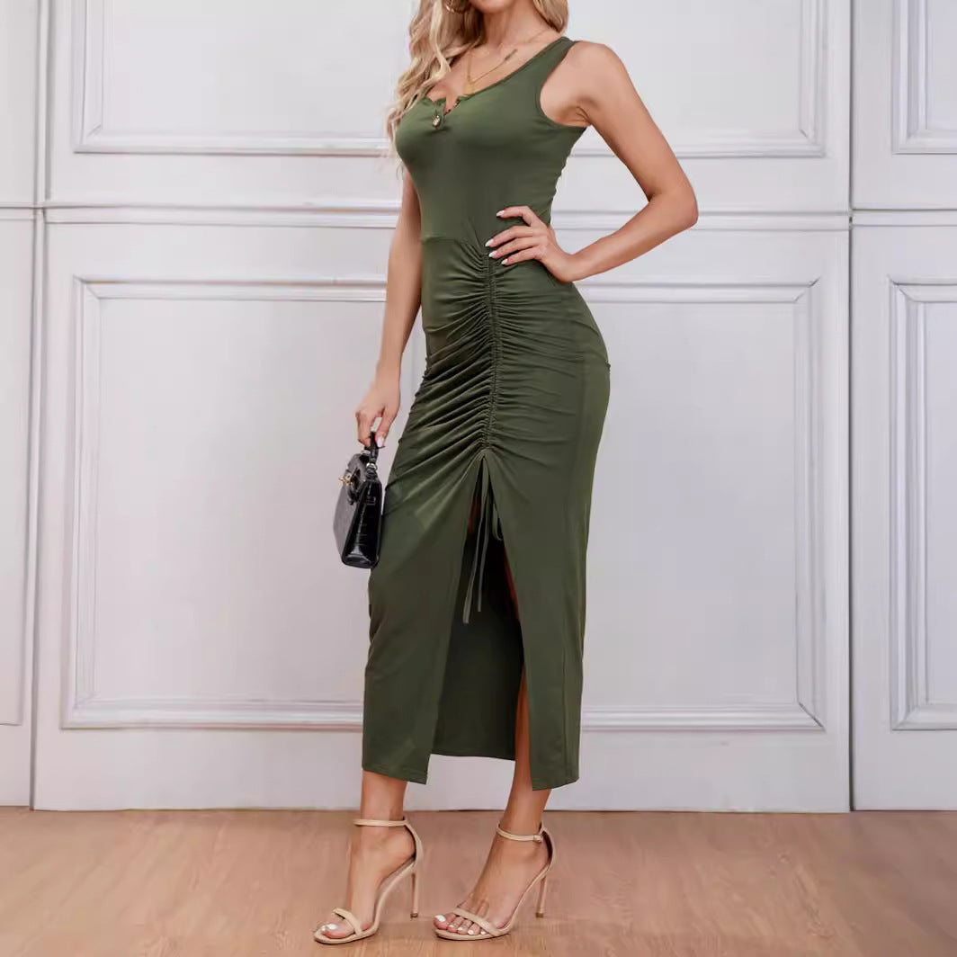 Damen ärmelloses Kleid mit dekorativen Knopf-Details und Raffungen WW