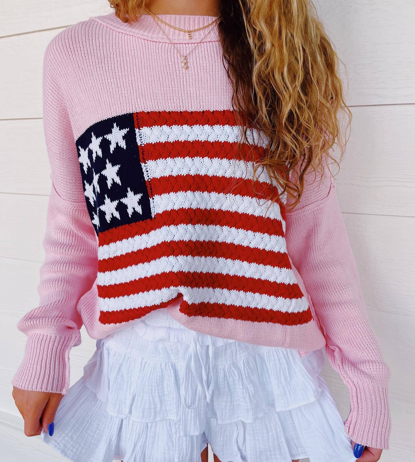 Damen Strickpullover mit auffälligem Flaggenmotiv und lässigem Schnitt WW