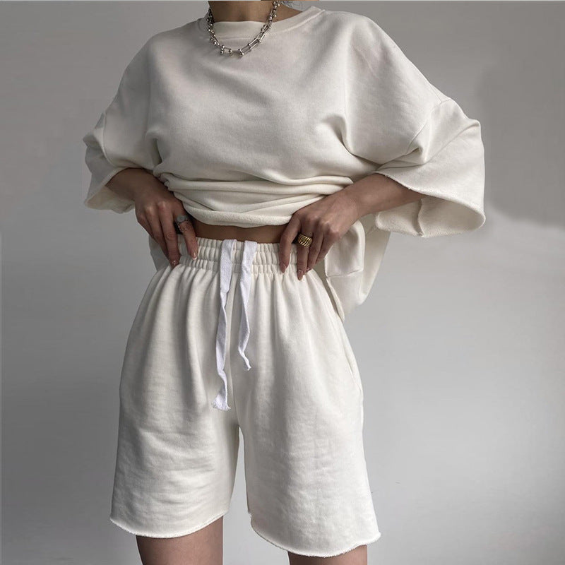 Damen lässiges Crop-Top und Shorts-Set mit weitem Schnitt WW