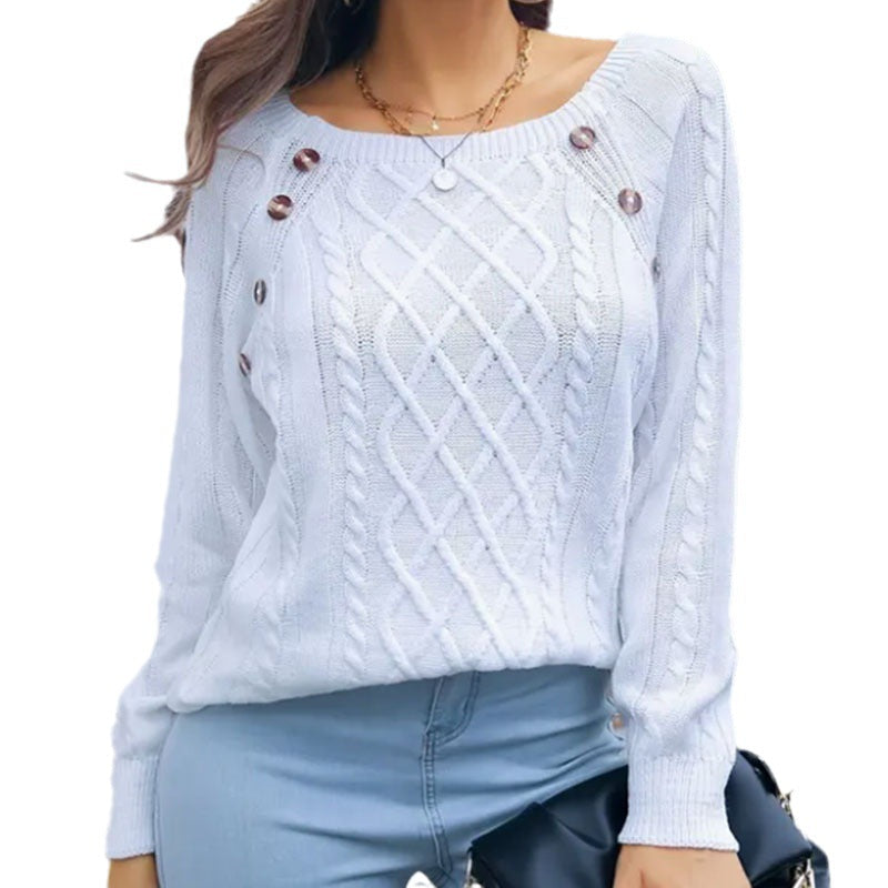 Damen eleganter Pullover mit Zopfmuster und dekorativen Knopfdetails WW