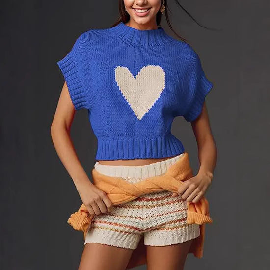 Damen lässiger Kurzarm Pullover mit Herzmotiv WW