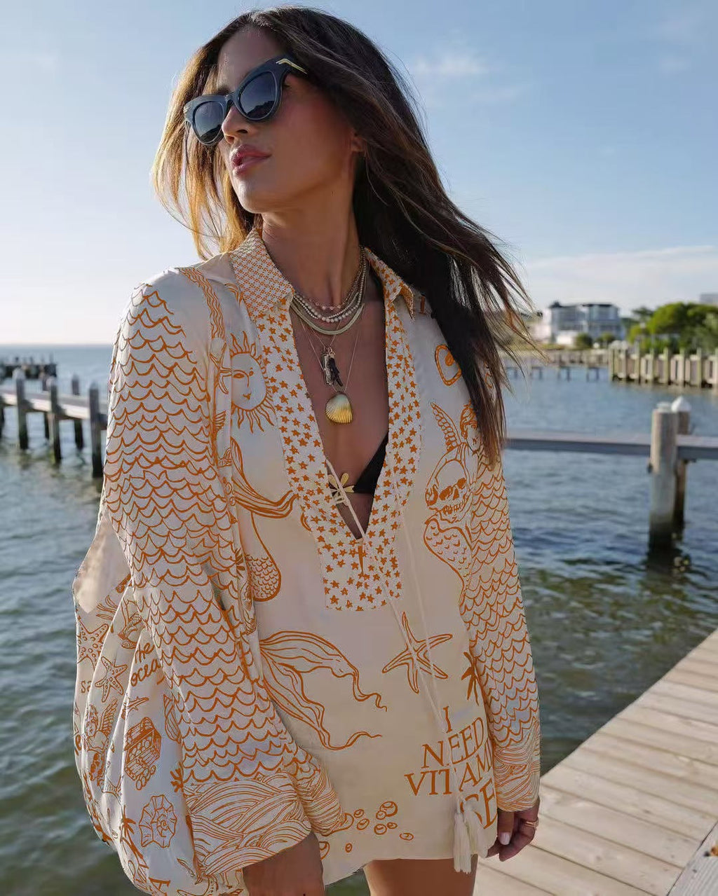 Damen luftige Strandbluse mit einzigartigen Muster-Details WW