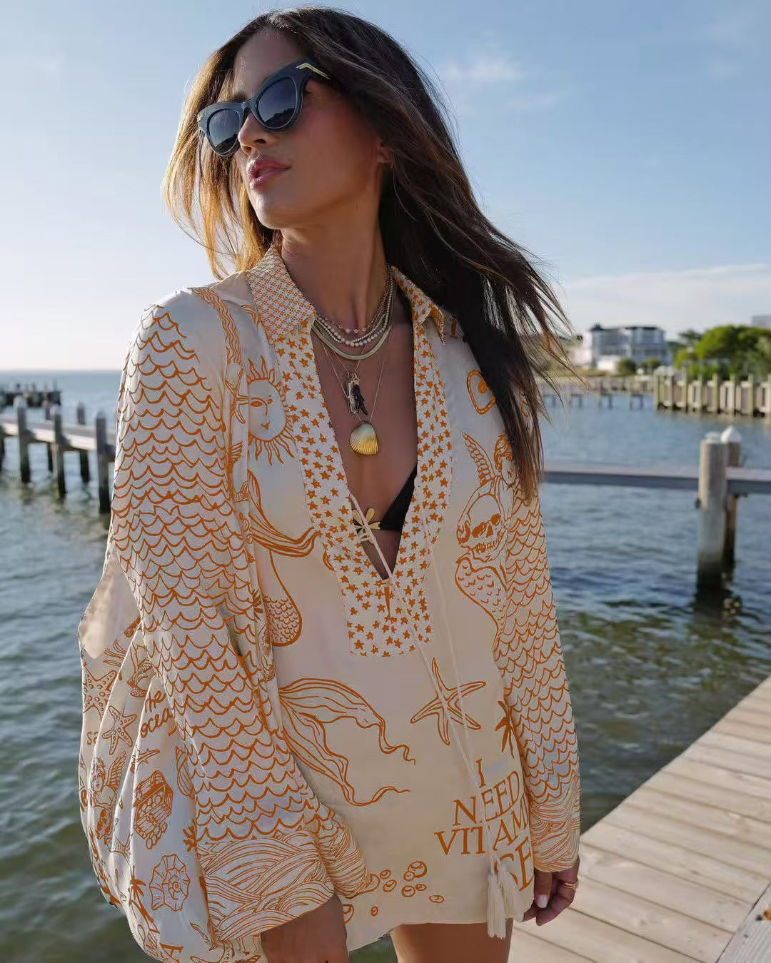 Damen luftige Strandbluse mit einzigartigen Muster-Details WW