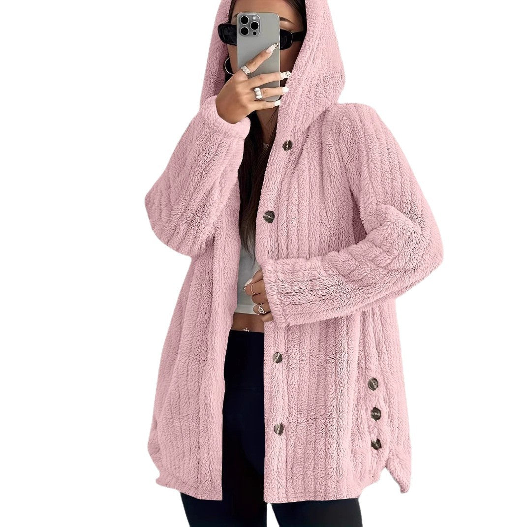 Damen kuschelige Fleecejacke mit Kapuze und Knopfverschluss WW