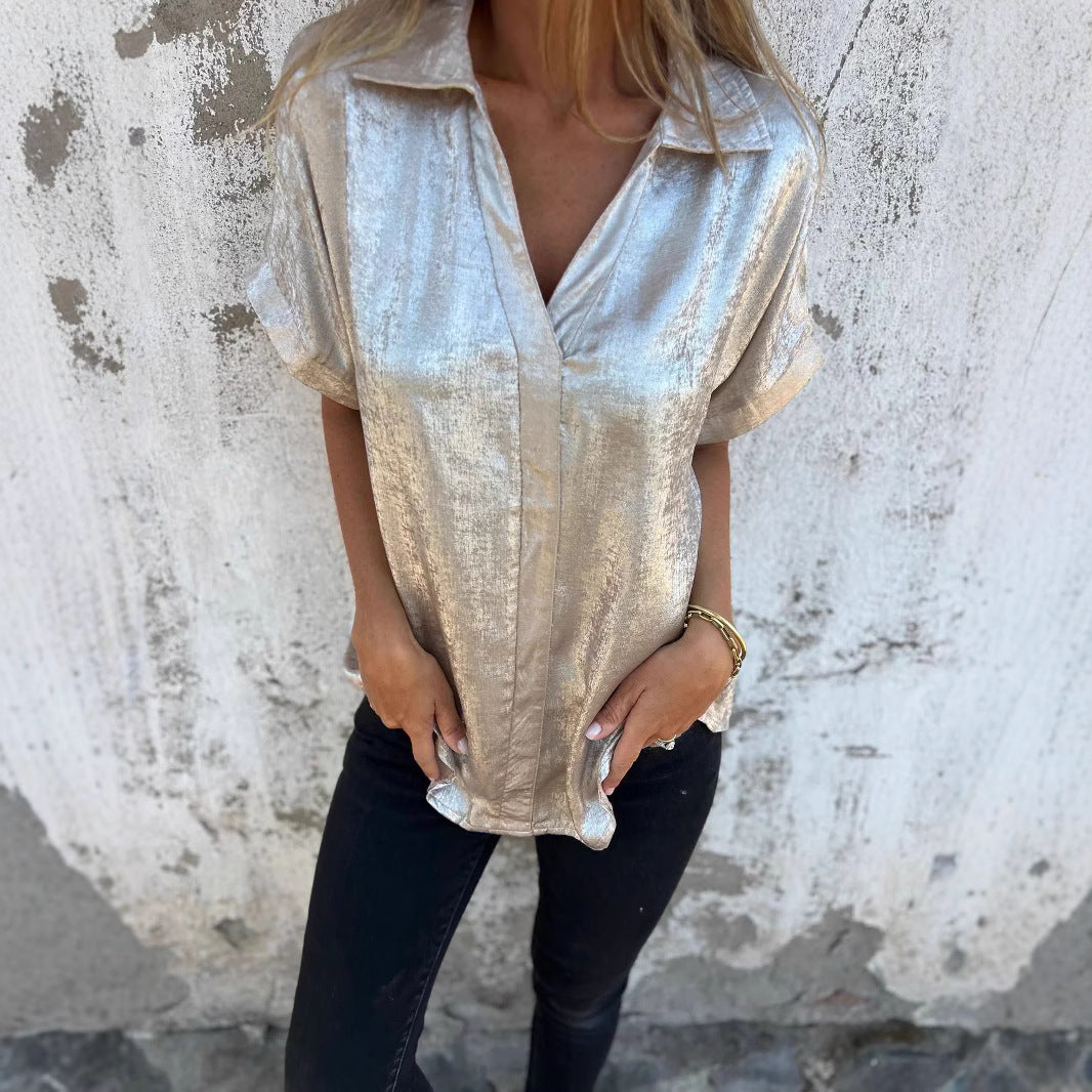 Damen Elegante und lässige Satinbluse mit kurzen Ärmeln WW