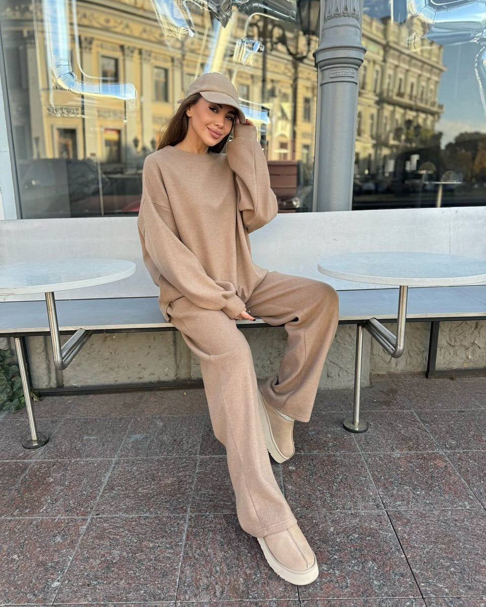 Damen lässiges Fleece-Loungewear-Set mit weichem Oversized-Pullover und bequemen Hosen WW