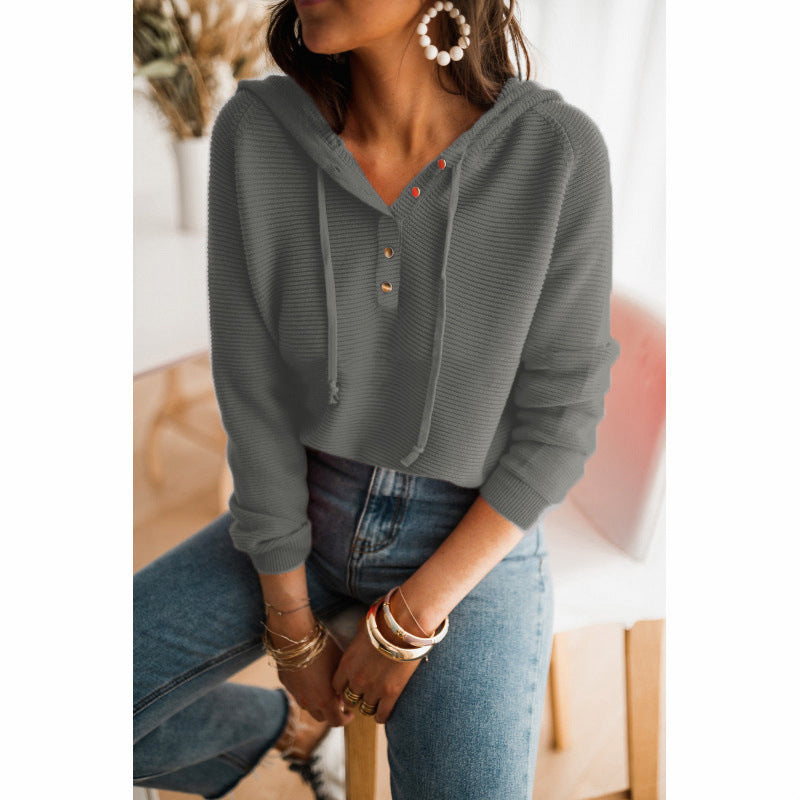 Damen lässiger Kapuzenpullover mit Knopfleiste und hohem Kragen WW