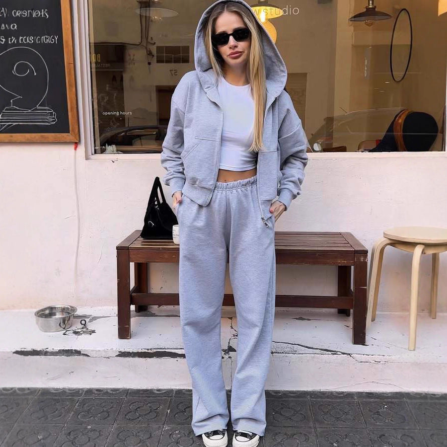 Damen stylish cropped Kapuzenjacke mit praktischen Taschen und bequemer Jogginghose WW
