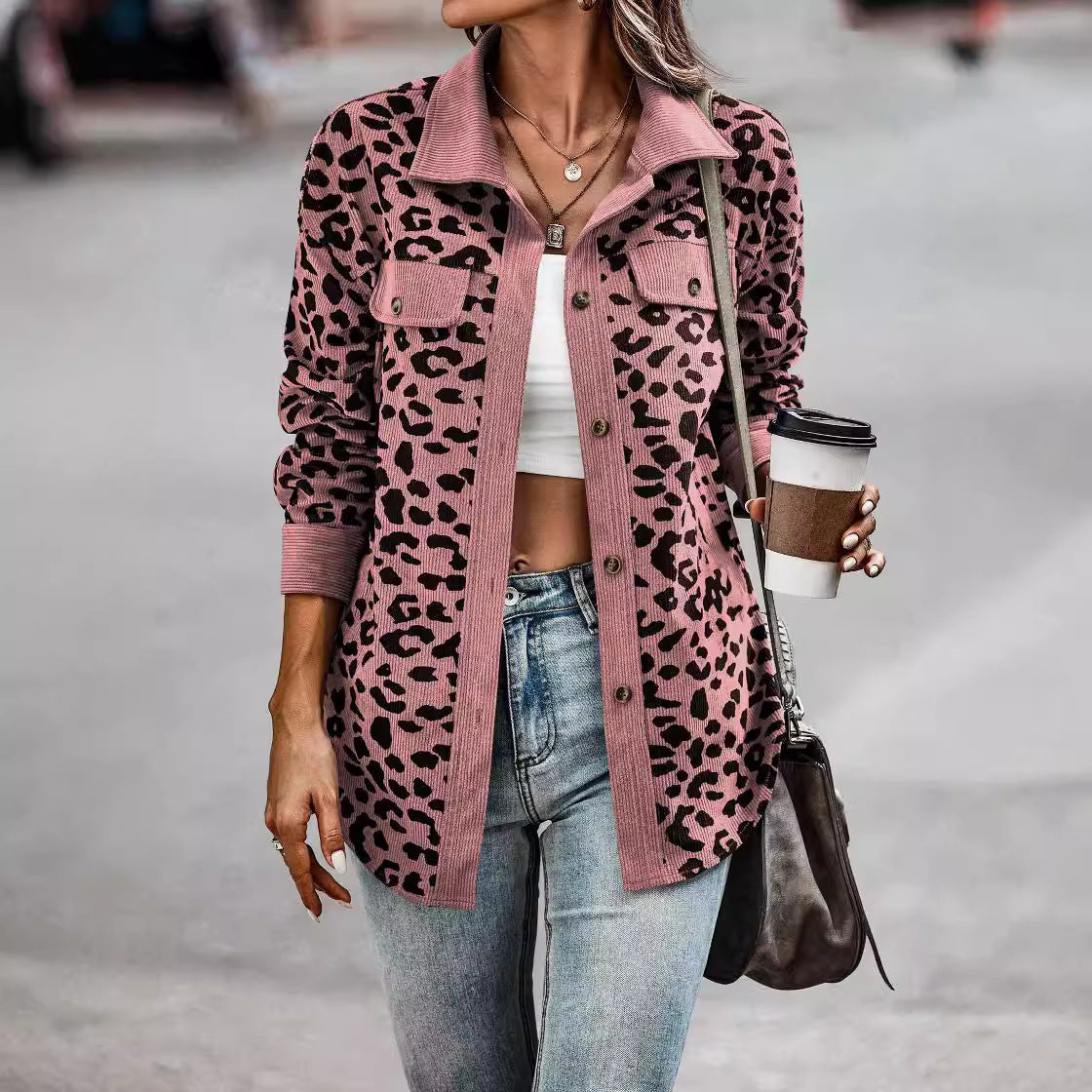 Damen Stilvolle Übergroße Leopardenmuster Jacke WW