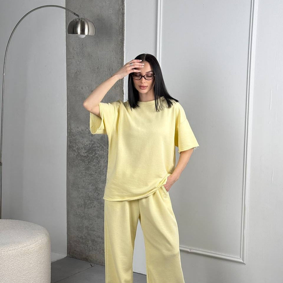 Damen lässiges Baumwoll-Set mit weit geschnittenem Oberteil und bequemen Hosen WW