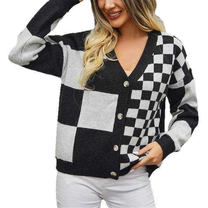 Damen modischer V-Ausschnitt Cardigan mit Karomuster WW