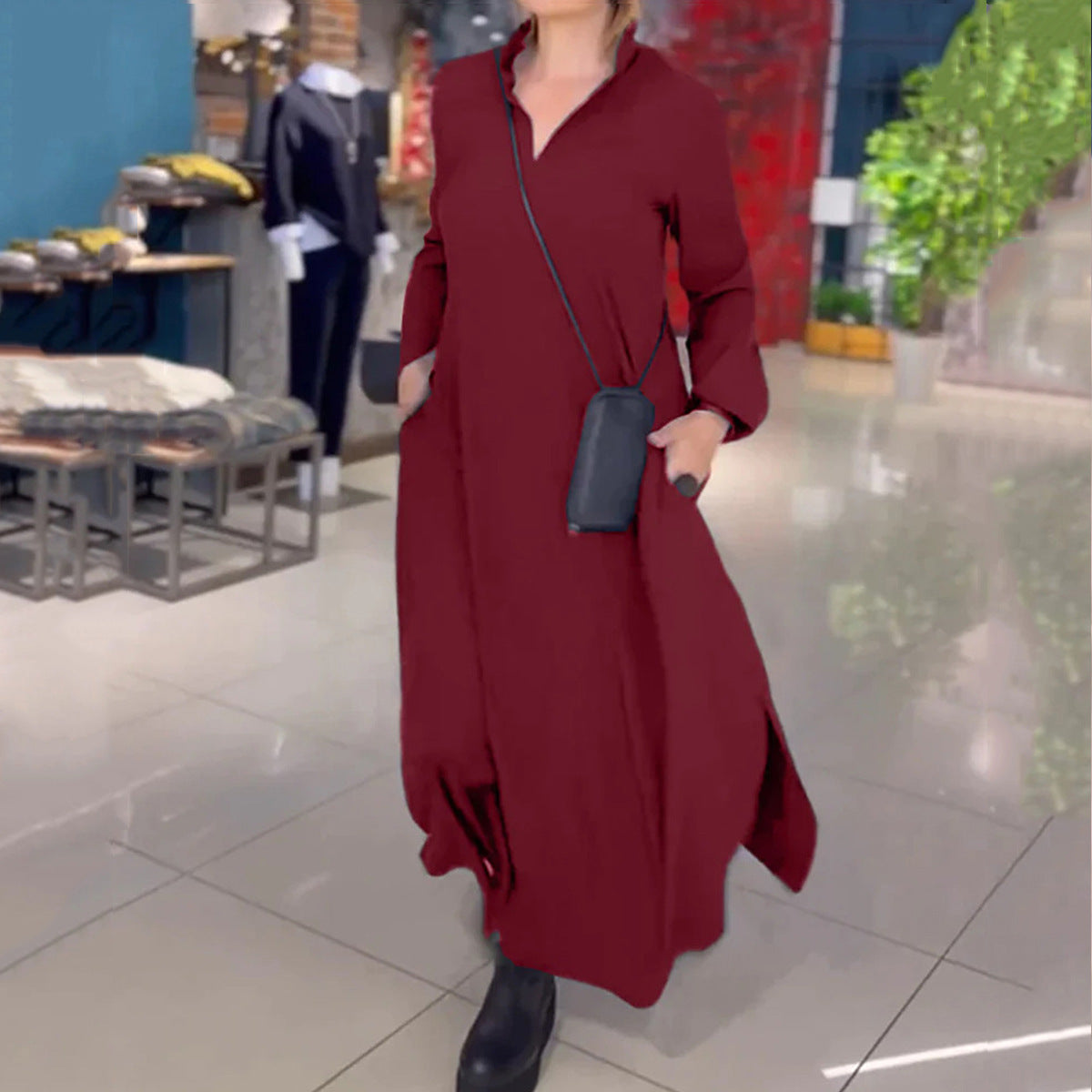 Damen elegantes Maxikleid mit praktischen Taschen und modernem Stehkragen WW