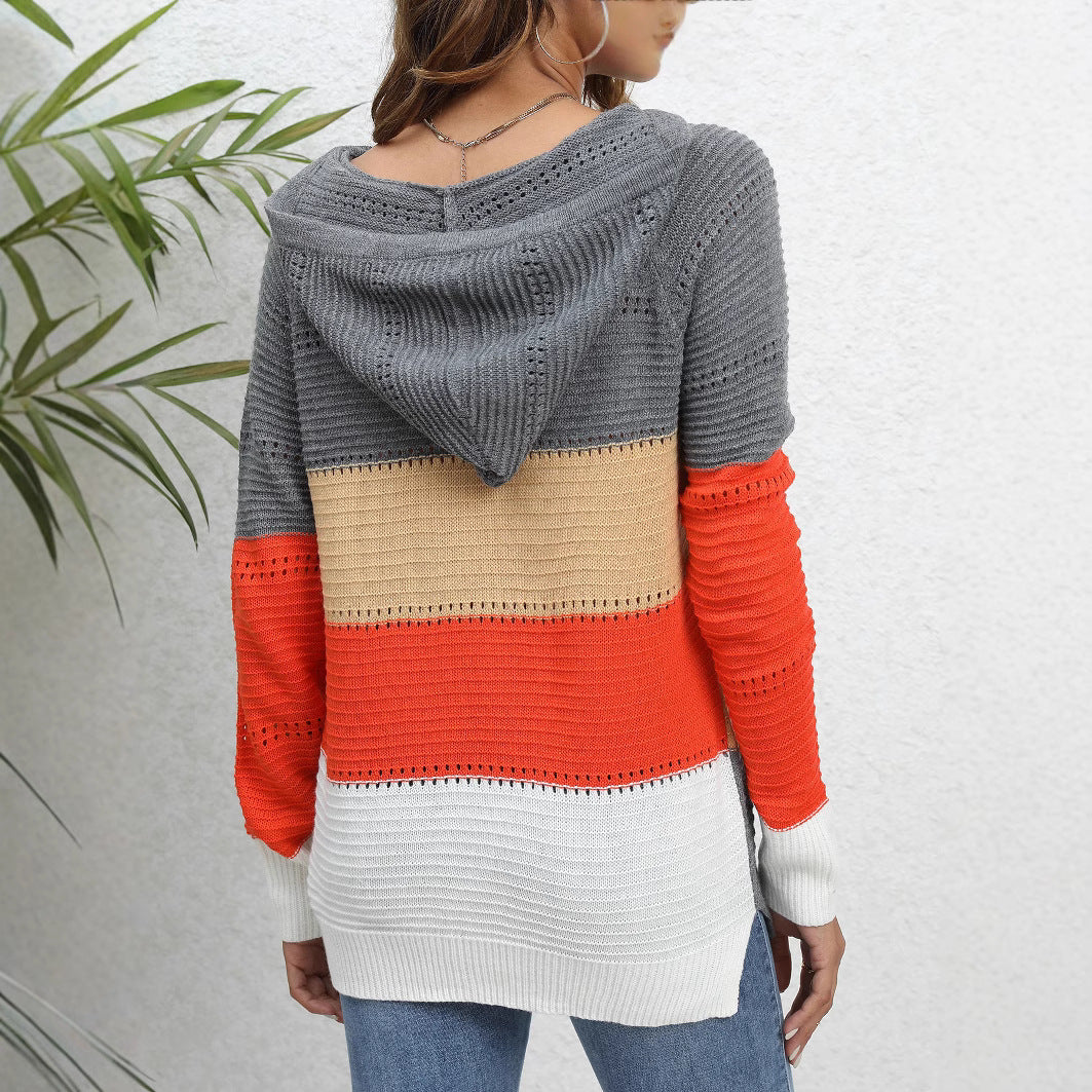 Damen Pullover mit lässigem Kapuzen-Design und einzigartigem Streifenmuster WW