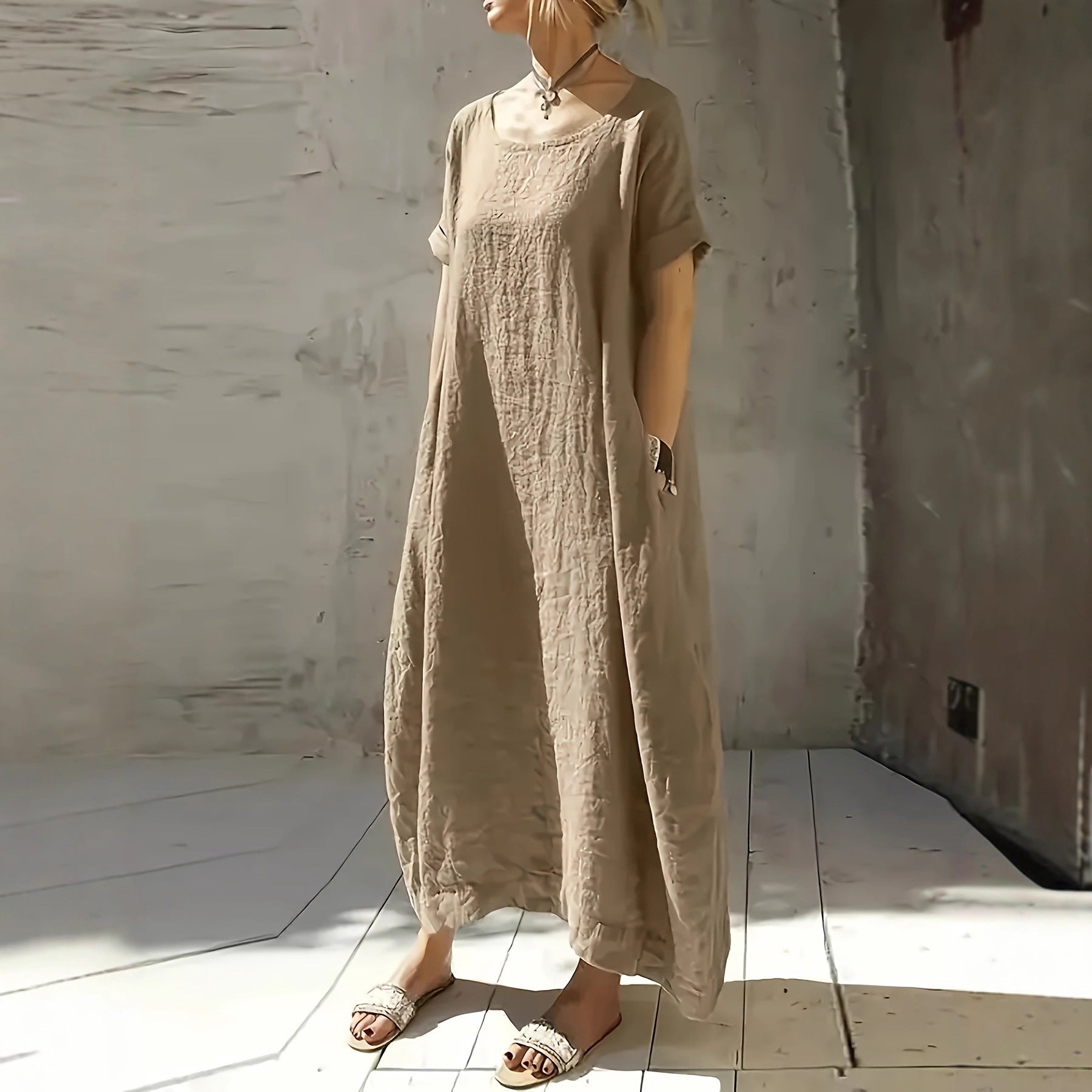 Damen lässiges Maxikleid mit überschnittenen Schultern und praktischen Seitentaschen WW