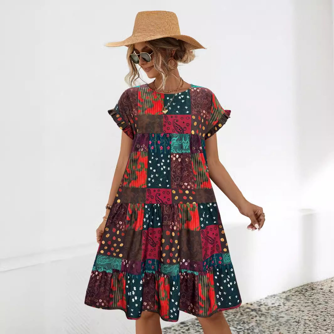 Damen Sommerkleid mit lockerem Schnitt und farbenfrohem Patchwork-Design WW
