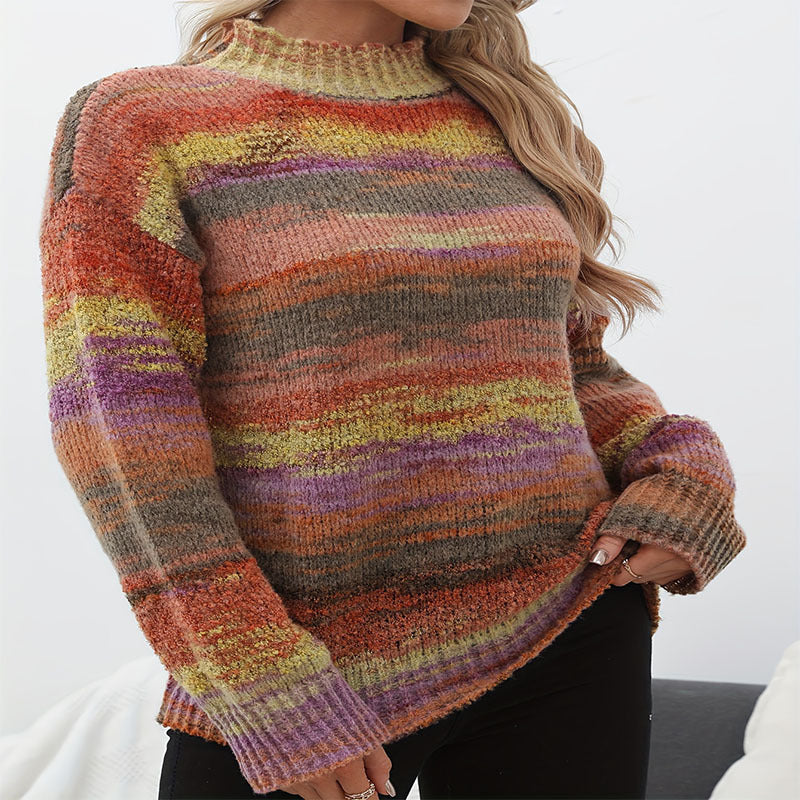 Damen Strickpullover mit buntem Wellenmuster und hohen Kragen WW