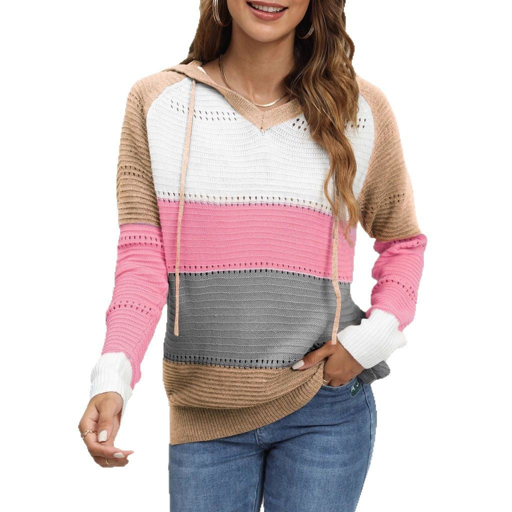 Damen Pullover mit lässigem Kapuzen-Design und einzigartigem Streifenmuster WW