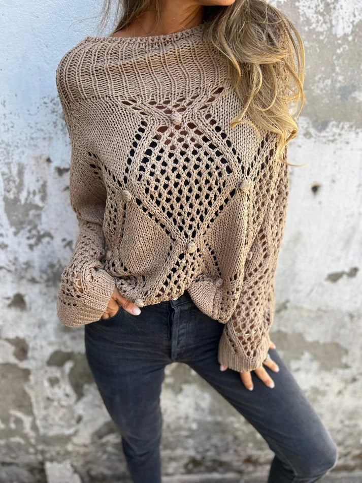 Damen luftiger Strickpullover mit grobem Maschenmuster und weitem Schnitt WW