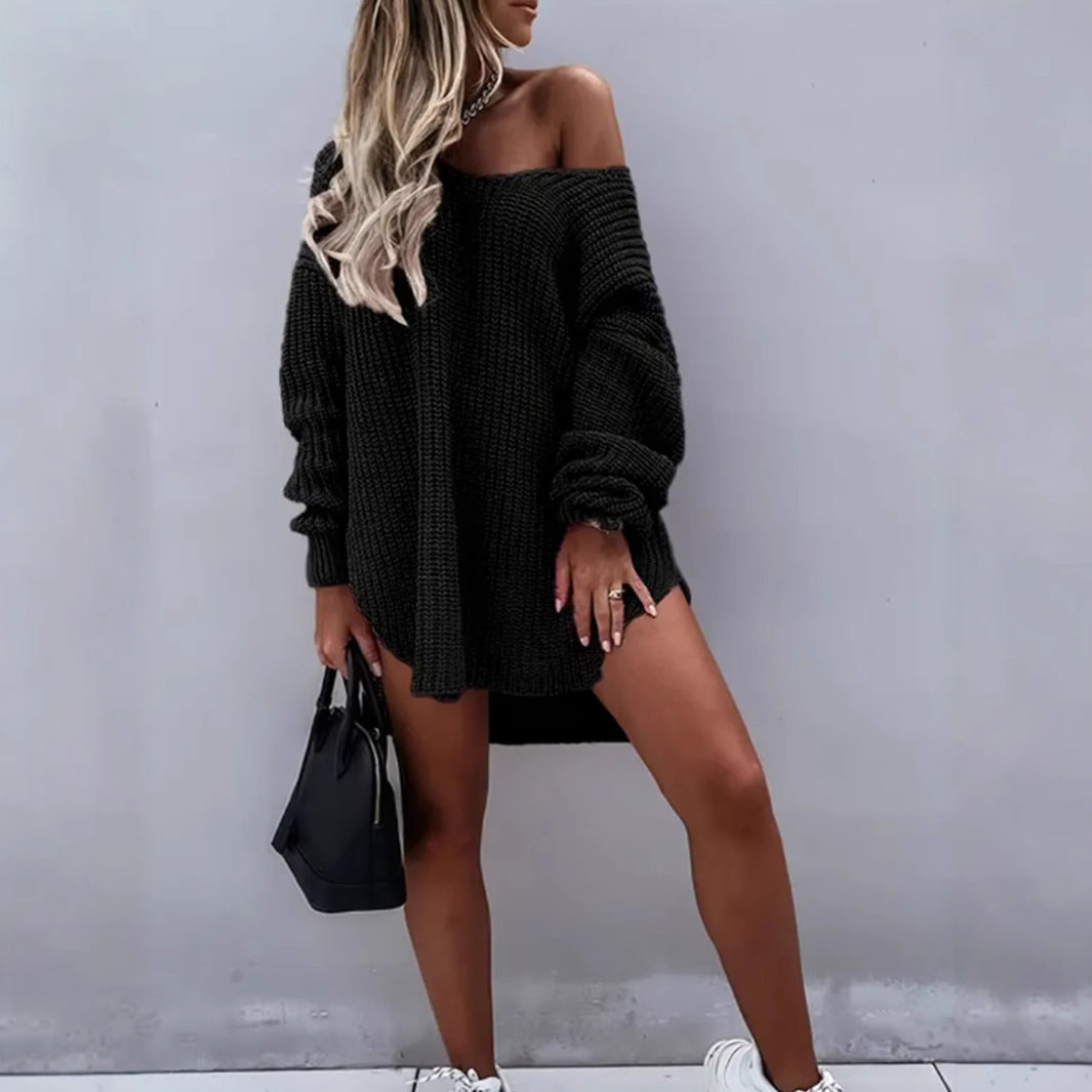 Damen lässiger Strickpullover mit tiefem V-Ausschnitt und ballonförmigen Ärmeln WW