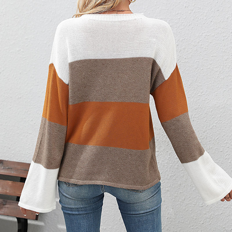 Damen lässiges Strickoberteil mit modischem Blockstreifen-Winterdesign WW