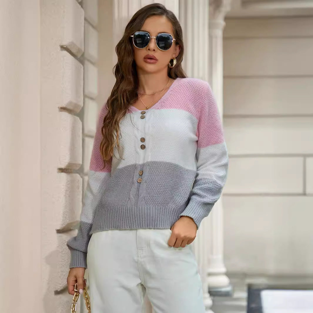 Damen Strickjacke mit modernem Farbblockdesign und luxuriösem Knopfverschluss WW