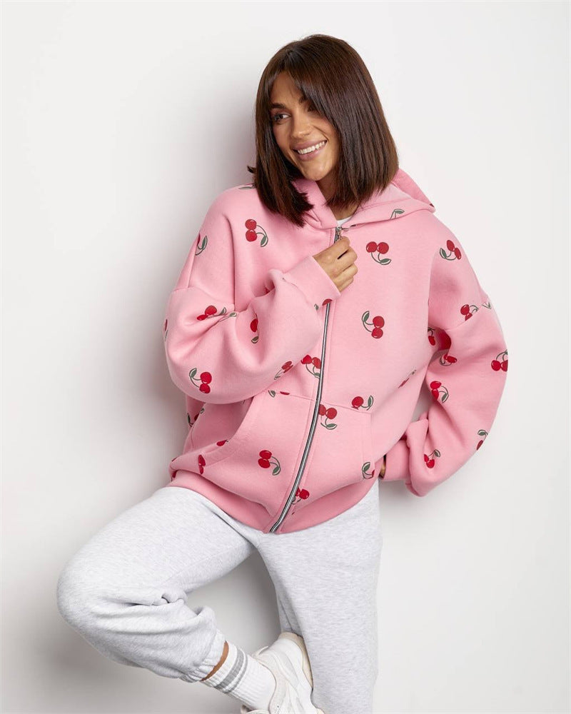 Damen Kapuzenjacke mit frischem Kirschmuster und übergroßem Schnitt WW