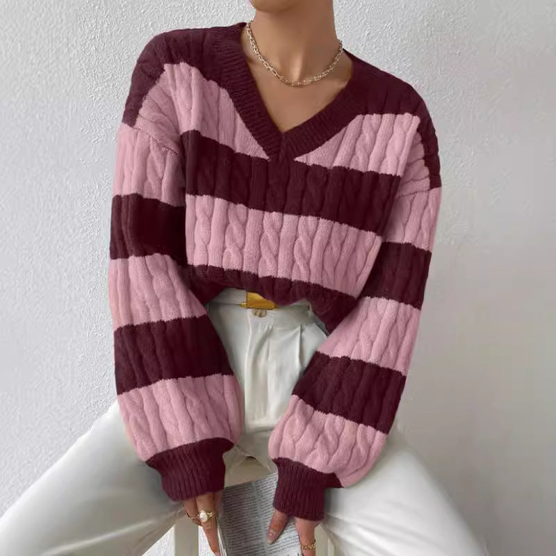 Damen V-Ausschnitt Strickpullover mit Rippstruktur und langen Ärmeln WW