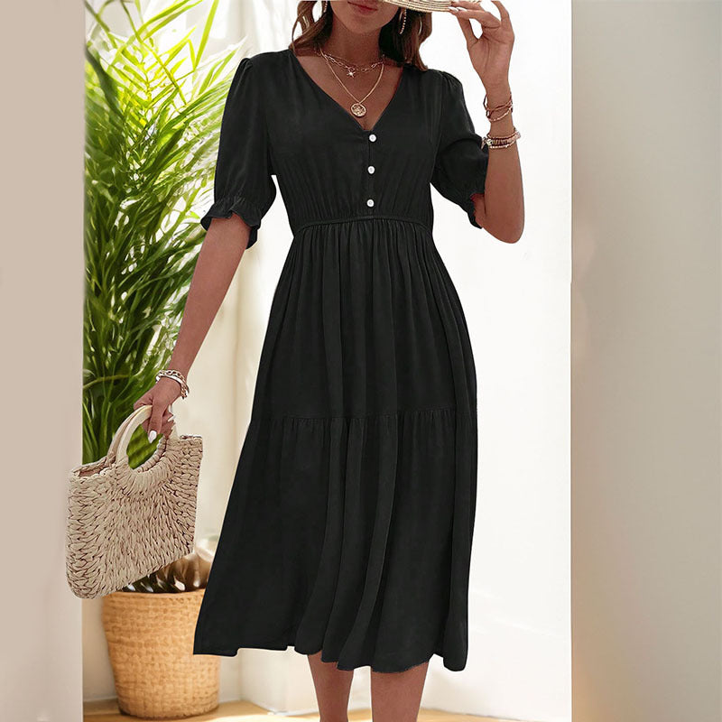 Damen Midi-Kleid mit knöpfbarem V-Ausschnitt und voluminösen Ärmeln WW