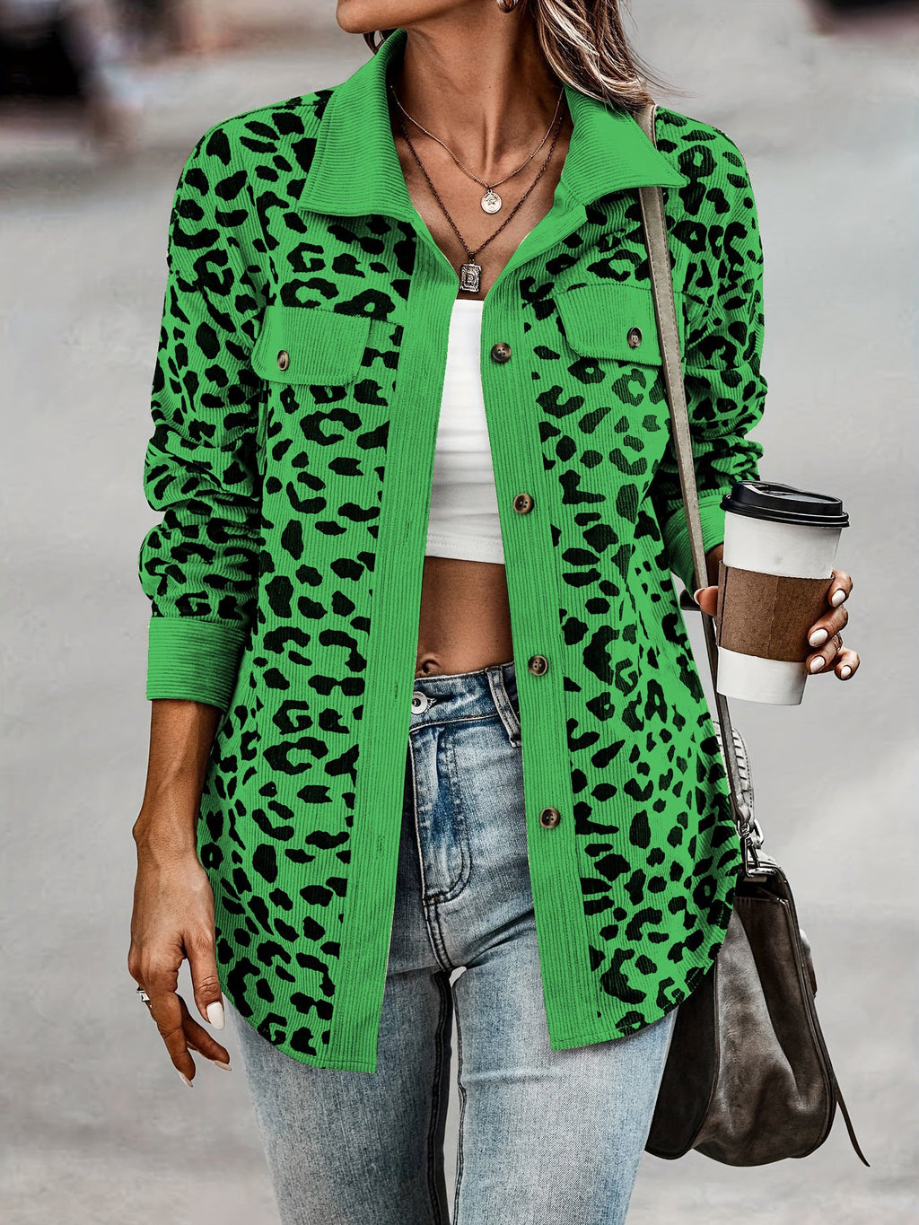 Damen Stilvolle Übergroße Leopardenmuster Jacke WW