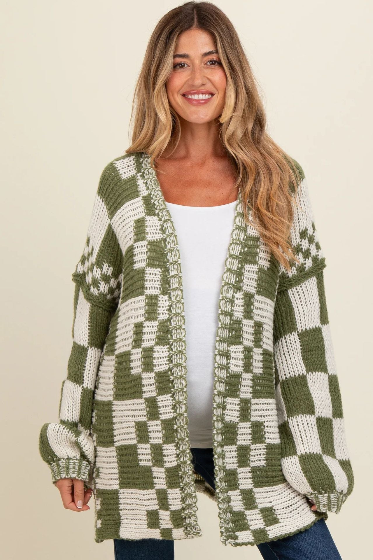 Damen lässiger Strickcardigan mit Karomuster und oversized Schnitt WW