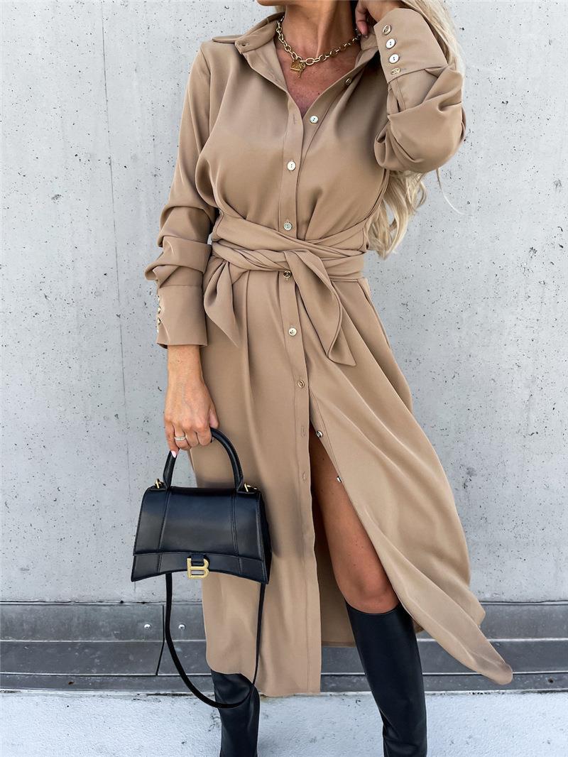 Damen Hemdblusenkleid mit Taillengürtel und seitlichem Schlitz WW
